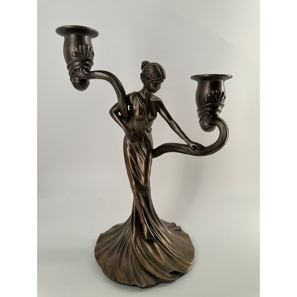 Art Nouveau Style Bronze Finish Female Figure Candelabra Double Candle Holder